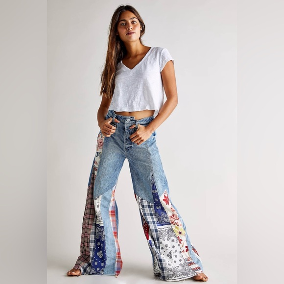 Free People Denim - Free People Multicolor Patchwork Flare Jeans